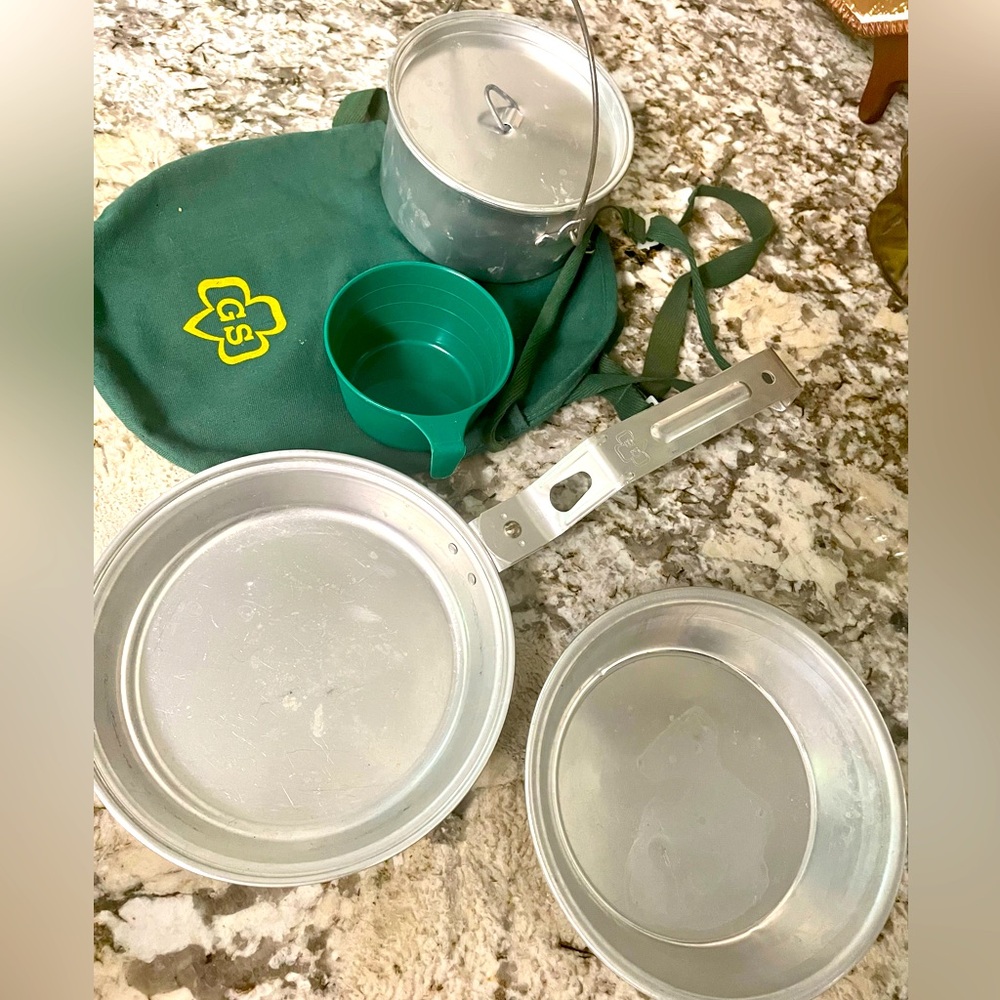 Vintage Girl Scout camping aluminum mess kit in bag. Pan, pot with lid, meas cup